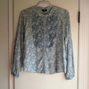 Paige Stella Floral Blue White Tencel Button Up Blouse Band Collar XS